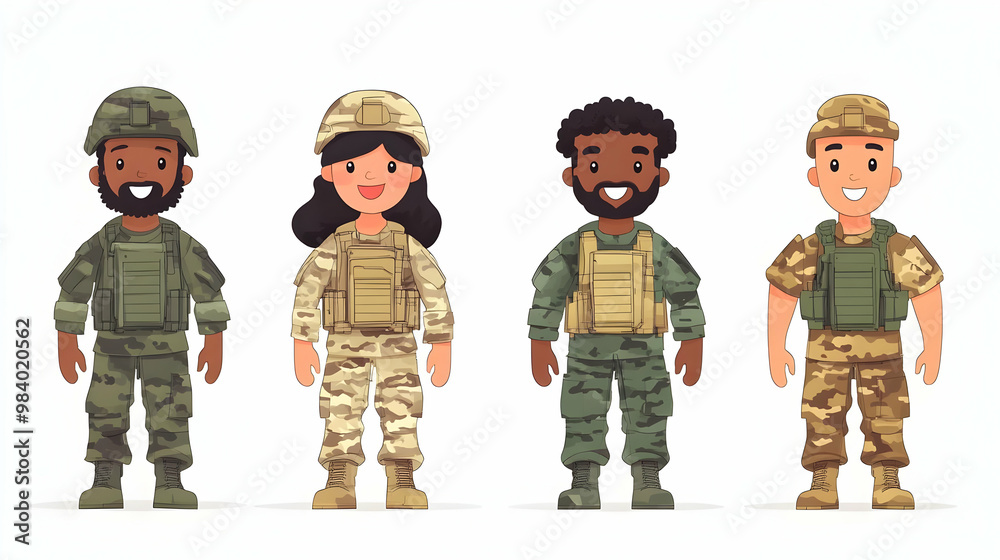 Naklejka premium Cartoon Illustration of Four Soldiers Wearing Camouflage Uniforms and Standing in a Row on White Background