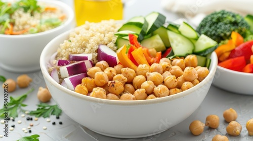 Mediterranean grain bowl with quinoa, roasted chickpeas, and colorful veggies, photo realistic, copy space for text, Mediterranean Diet, healthy meal