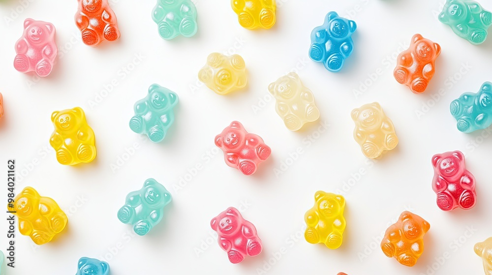 A vibrant collection of multicolored jelly bears randomly placed on a white background, leaving clean, open space for text, perfect for a fun and dynamic design.