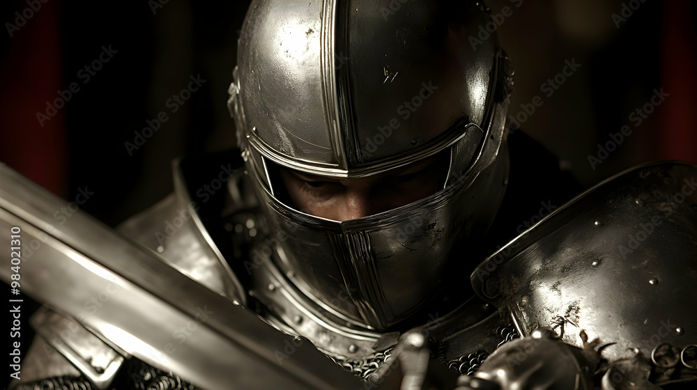 A Close-Up Portrait of a Knight in Full Armor, Holding a Sword, with a Serious and Determined Expression A Close-Up Portrait of a Knight in Full Armor, Holding a Sword, with a Serious and Determined Expression