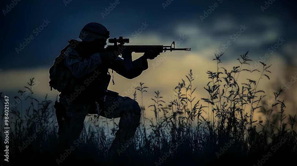 Silhouette of a Soldier Kneeling in Tall Grass with a Rifle at Dusk, the Soldier is Carefully Aiming at an Unseen Target Against a Cloudy Sky. Silhouette of a Soldier Kneeling in Tall Grass with a Rifle at Dusk, the Soldier is Carefully Aiming at an Unseen Target Against a Cloudy Sky.