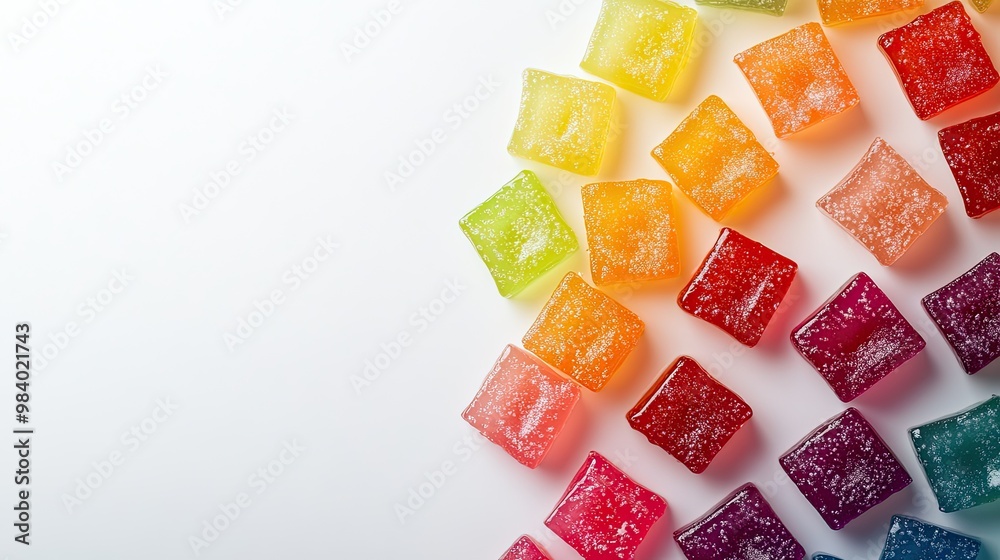 An overhead shot of rainbow-colored jelly slices arranged neatly with ample white space surrounding them, perfect for adding text, logos, or branding elements. An overhead shot of rainbow-colored jelly slices arranged neatly with ample white space surrounding them, perfect for adding text, logos, or branding elements.