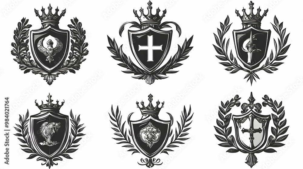 Six Hand-Drawn Black and White Heraldic Shields with Crowns and Laurel Wreaths