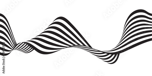 Black and White Isolated Flowing 3D Striped, Wavy, Curvy, Shapes Design, Creative Abstract Optical Illusion - The Dynamic Pattern Twists and Turns Across the Canvas, Playing with Depth and Perspective