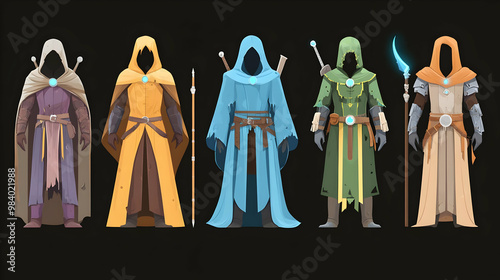 Five Hooded Figures Stand with Weapons and Staffs in a Dark Setting, Illustrating a Fantasy Adventure Theme