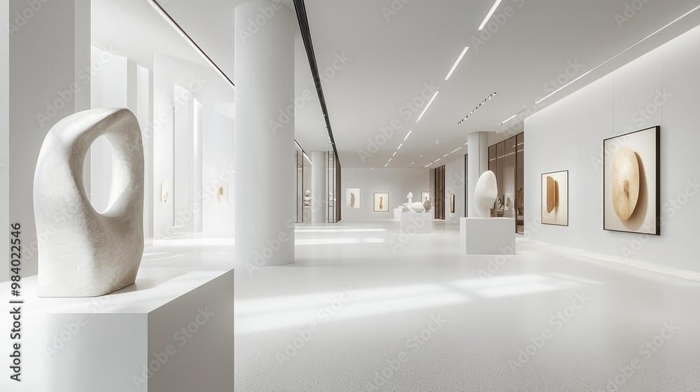 Naklejka premium A minimalist off-white painted art gallery with large, open spaces displaying contemporary sculptures under soft, focused lighting