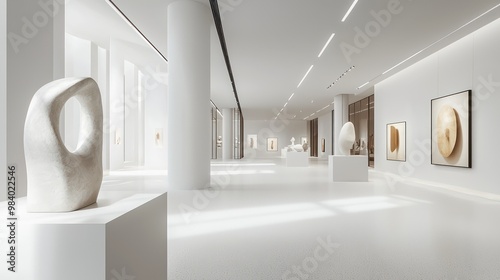 A minimalist off-white painted art gallery with large, open spaces displaying contemporary sculptures under soft, focused lighting