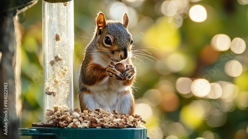 A squirrel at a garden feeder photo