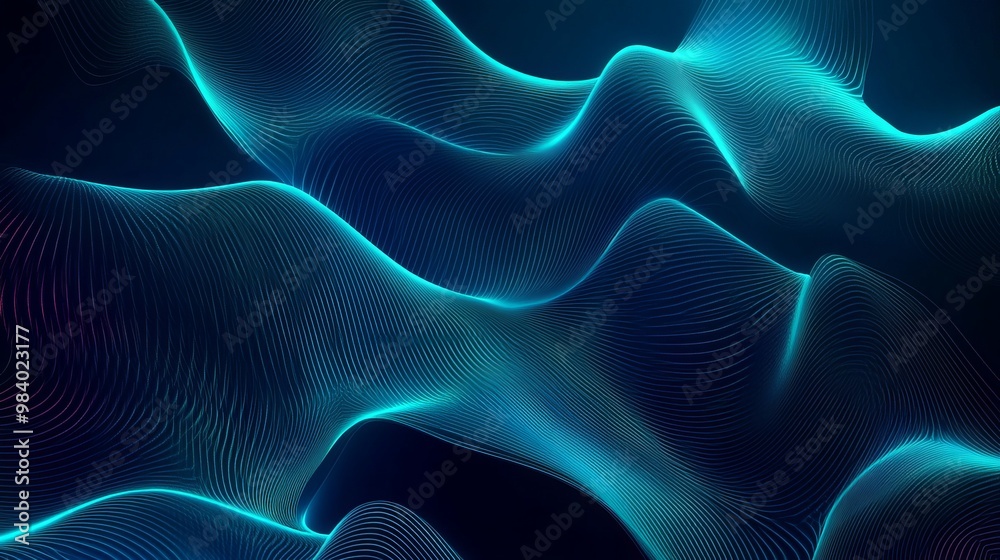 Fototapeta premium Abstract glowing wave lines on a dark blue background, featuring a dynamic wave pattern. 