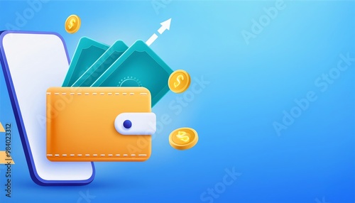 A digital wallet with cash and coins emerging, symbolizing online transactions and financial growth in a modern design.