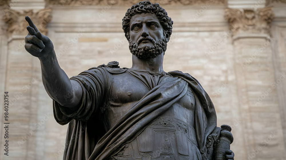 A bronze statue of a Roman emperor with a beard, wearing a toga and armor, standing in front of a building with a stone facade, and pointing his right hand upward, in an open hand gesture.