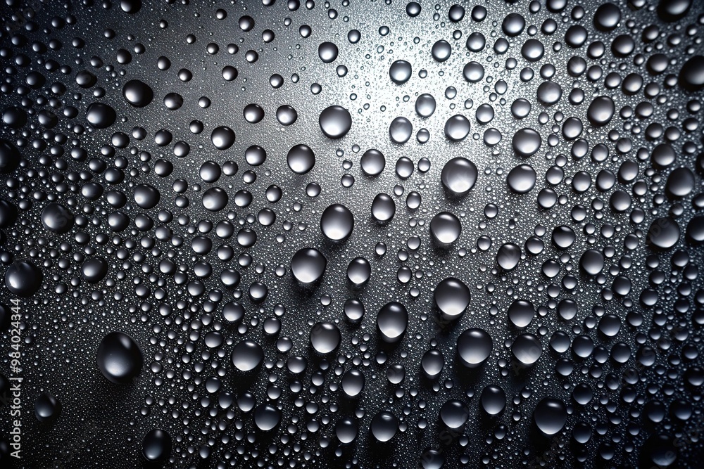 Aerial water drops on black glass background illuminated with white light