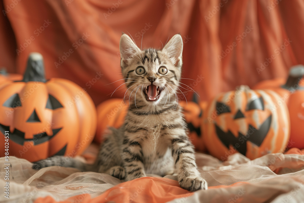 Adorable Kitten with Halloween Pumpkins on Orange Adorable Kitten with Halloween Pumpkins on Orange