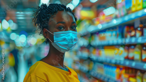 Masked African woman in a supermarket aisle, AI generative. photo