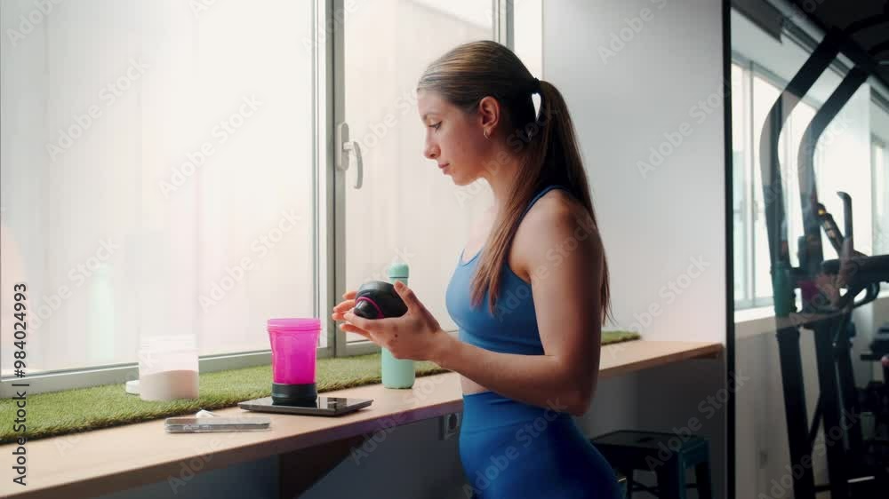 Woman preparing protein shake in gym setting Woman preparing protein shake in gym setting
