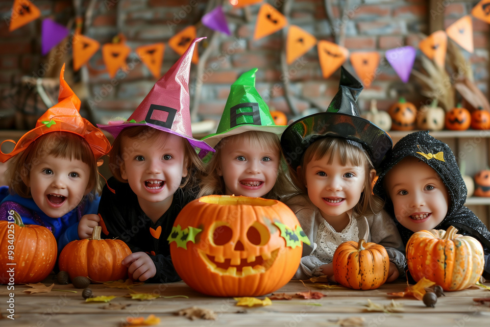 Fototapeta premium Joyful Group of Young Children Celebrating Halloween