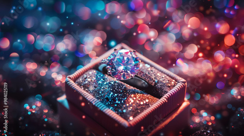 Elegant diamond ring in a box with abstract glitter, AI generative photo