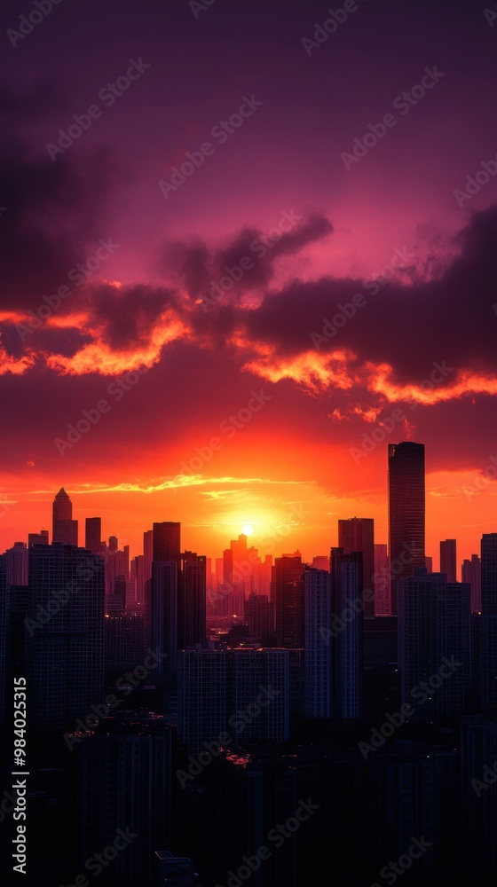 Fototapeta premium sunset cityscape featuring bold orange and purple skies that beautifully contrast with the silhouettes of high-rise buildings