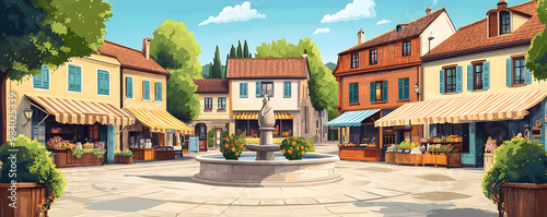 A quaint village square with a fountain and outdoor market stalls. Vector flat minimalistic isolated illustration.