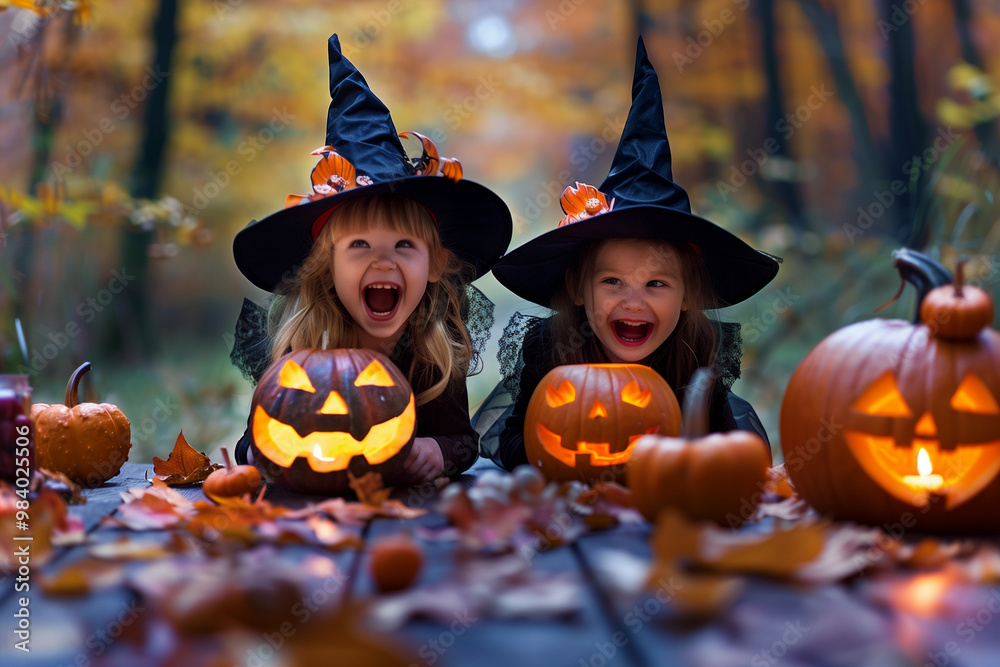 Fototapeta premium Delightful Halloween Fun with Children in Witch Costumes