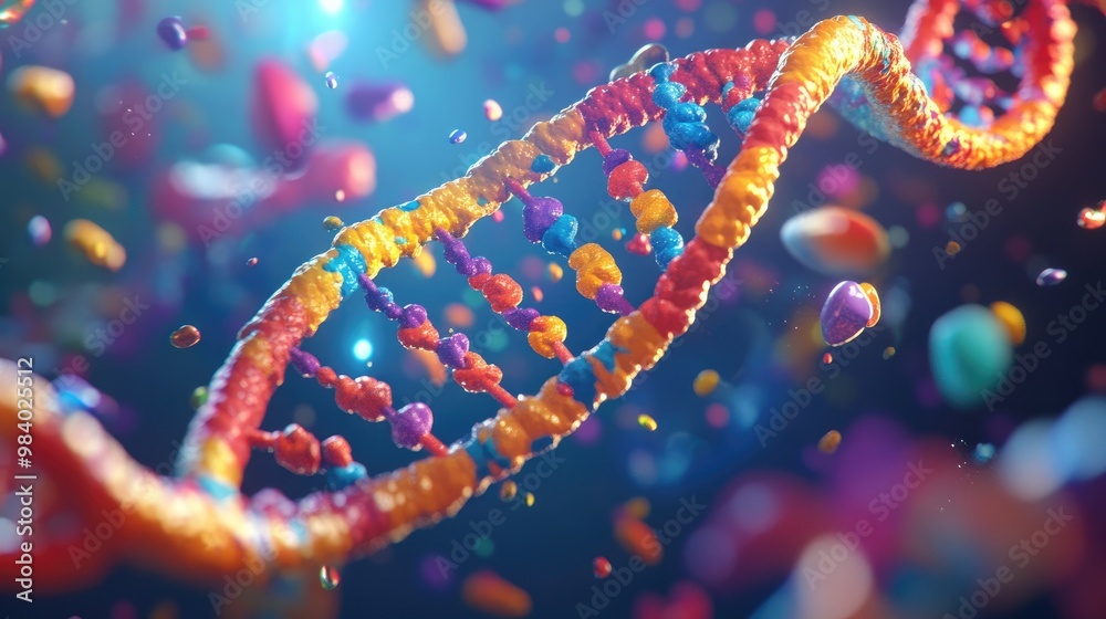 A vibrant 3D cartoon of DNA strands and colorful molecules spinning around a scientist character, in a bright, engaging representation of biology and genetics A vibrant 3D cartoon of DNA strands and colorful molecules spinning around a scientist character, in a bright, engaging representation of biology and genetics