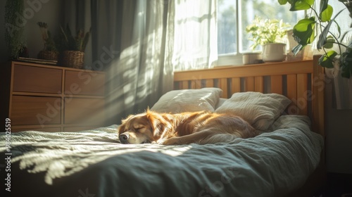 A dog peacefully lying on a neatly made bed in a cozy room with soft light filtering through photo