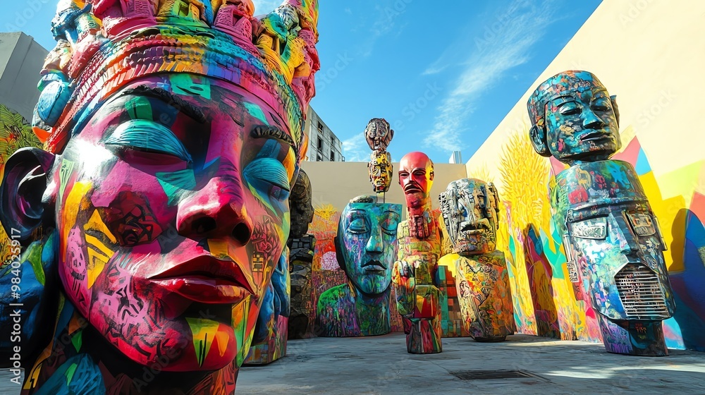 Fototapeta premium Low-angle view, eclectic mix of colorful street art and traditional sculptures, urban synergy