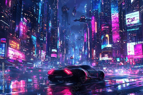 Sports car on the road of the futuristic cyberpunk city in the night shined by neon lights. Digital art illustration. Generative Ai photo