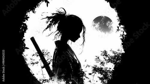Wallpaper Mural Silhouette of a Woman in a Kimono Standing with a Sword Behind Her, Underneath a Large Moon in a Black and White Illustration Torontodigital.ca