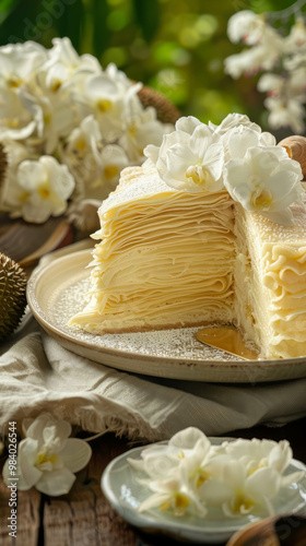 Creamy durian mille crepe cake with intricate details. AI generative. photo