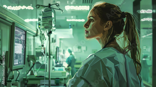 Female doctor in a hospital environment, healthcare focus. AI generative. photo