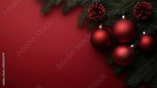 Red Christmas Ornaments and Pine