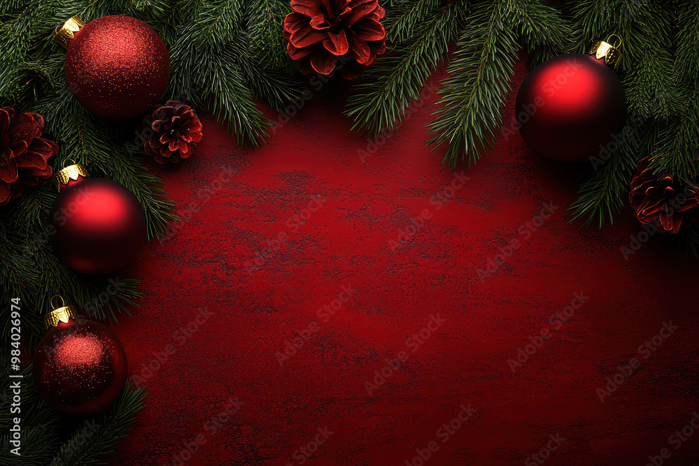 Pine Branches and Red Christmas Ornaments Pine Branches and Red Christmas Ornaments
