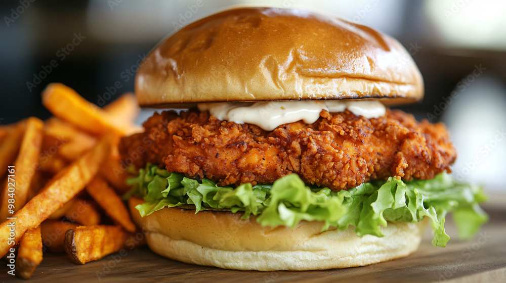 A visual of a spicy chicken sandwich with lettuce and mayo, served with a side of sweet potato fries. A visual of a spicy chicken sandwich with lettuce and mayo, served with a side of sweet potato fries.