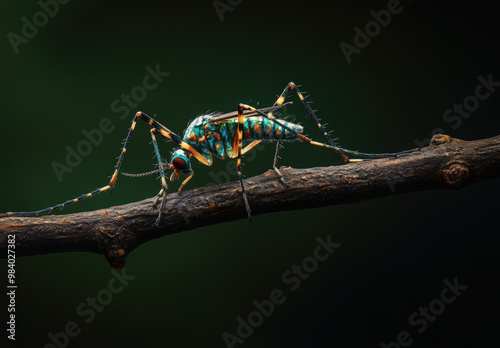 Close-Up of Vibrant Mosquito on Wood – Stunning Macro Wildlife Image photo