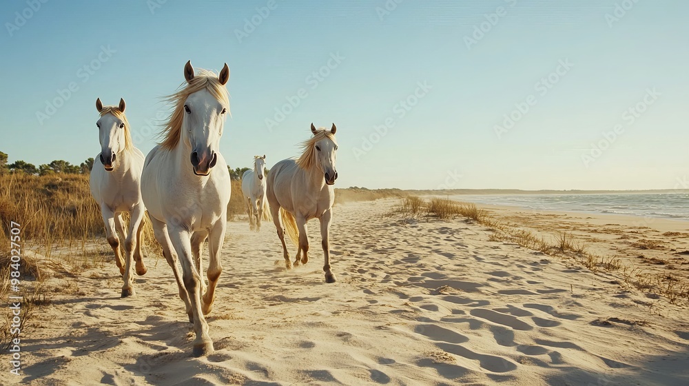 White Camargue horses walking along the sandy terrain in Parc Régional de Camargue, Provence, France. White Camargue horses walking along the sandy terrain in Parc Régional de Camargue, Provence, France.