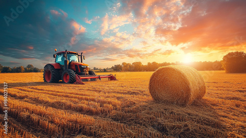 A tractor harvesting hay bales on golden field during sunset creates serene and picturesque rural scene. vibrant sky adds to beauty of landscape