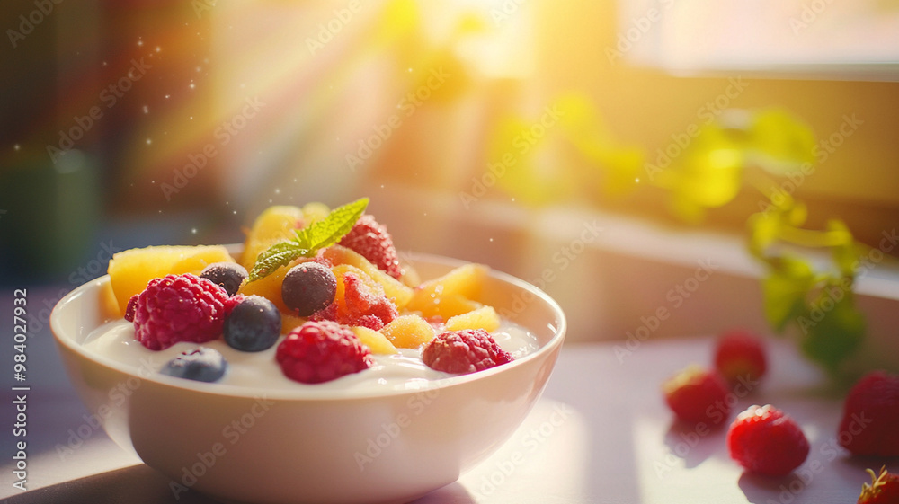 A vibrant and colorful healthy breakfast with fresh fruits like raspberries, blueberries, and mango, served in bowl, radiating warmth and freshness in sunlit setting A vibrant and colorful healthy breakfast with fresh fruits like raspberries, blueberries, and mango, served in bowl, radiating warmth and freshness in sunlit setting