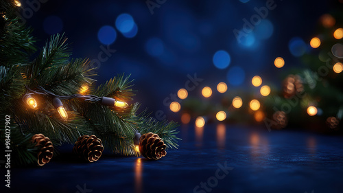 Christmas Garland Bokeh Effect Over Dark Blue