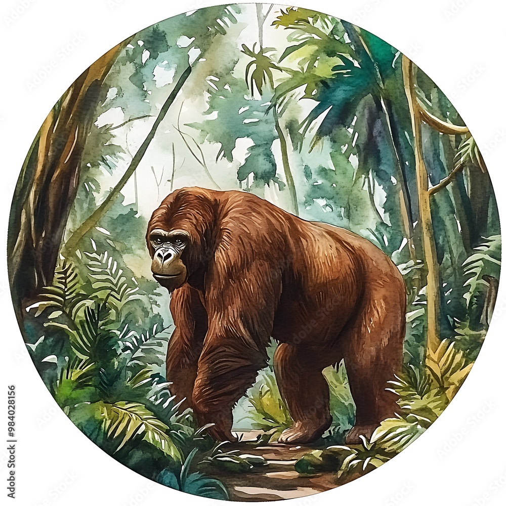 Obraz premium Watercolor Illustration of a Gorilla in a Lush Tropical Forest.