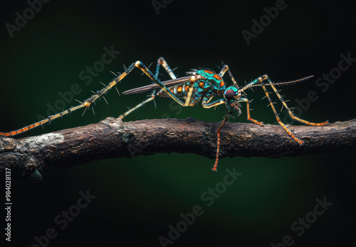 Macro Photography of Exotic Mosquito with Vibrant Colors on Tree Branch photo