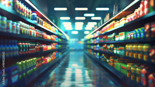 Abstract blurred background of a supermarket store aisle highlights products. AI generative. photo