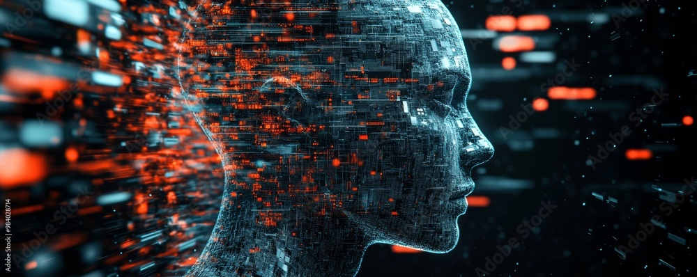 Abstract human profile in digital space with glitch effects