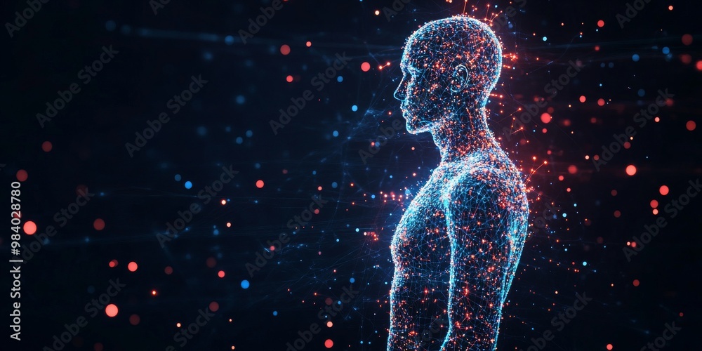 Digital human body in cyberspace with blue and red glitch effects Digital human body in cyberspace with blue and red glitch effects