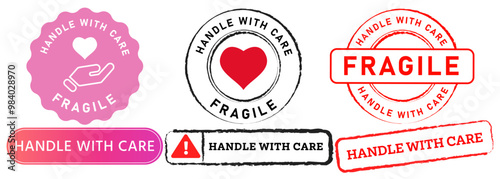 Handle with care be careful fragile caution stamp colorful badges sticker label sign packaging design set collection illustration