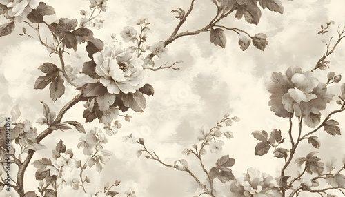 A sepia-toned wallpaper featuring antique floral patterns and ornate frames, offering a nostalgic charm