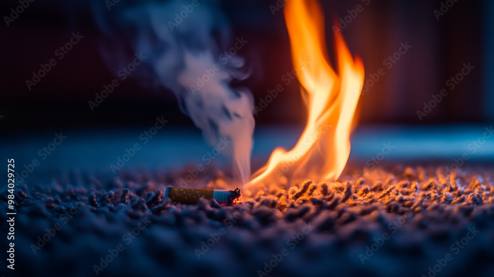 A lit cigarette ignites a fire on a carpet in a living room, posing a serious fire hazard and risk of property damage.
A lit cigarette ignites a fire on a carpet in a living room, posing a serious fire hazard and risk of property damage.