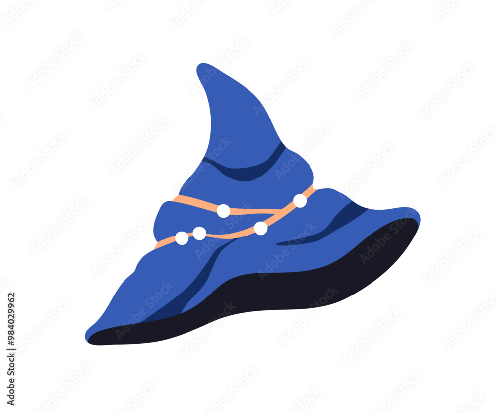 Fototapeta premium Pointed witch and wizard hat, soft conical shape, beads decoration. Sorcerer headwear, headdress. Mystical magic head accessory, magician wearing. Flat vector illustration isolated on white background