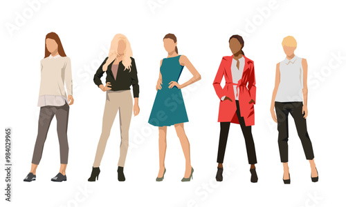Group of women, young adult female models stand dressed in different clothes, flat design geometric isolated vector illustration of people