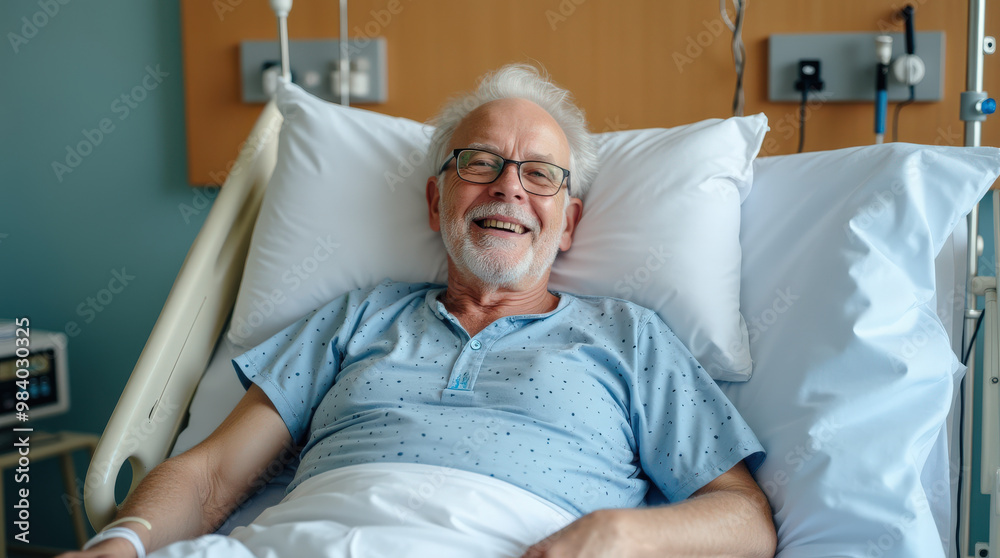 Obraz premium Happy Patient Recovering in Hospital Bed - Positive Recovery, Healthcare, Senior Care, and Hospital Smiles